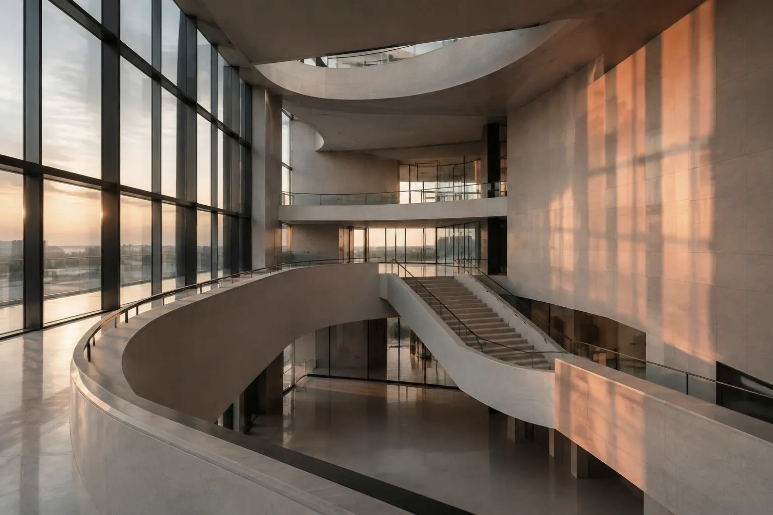 Modern atrium with sculptural walls and warm reflected daylight