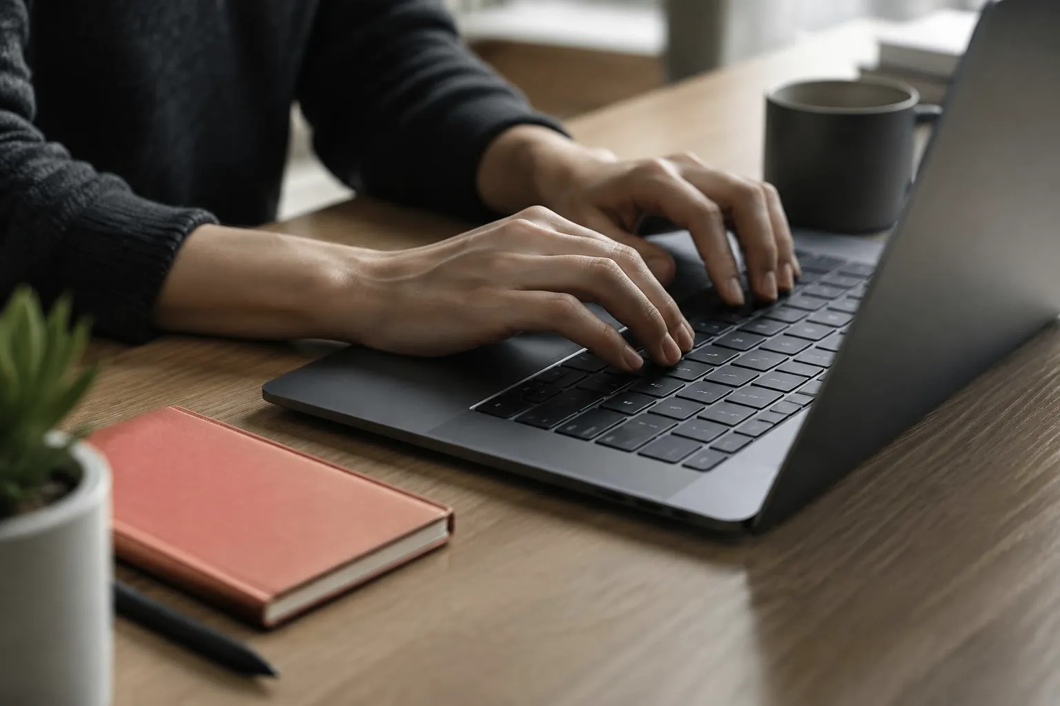 Hands typing on an unbranded laptop keyboard