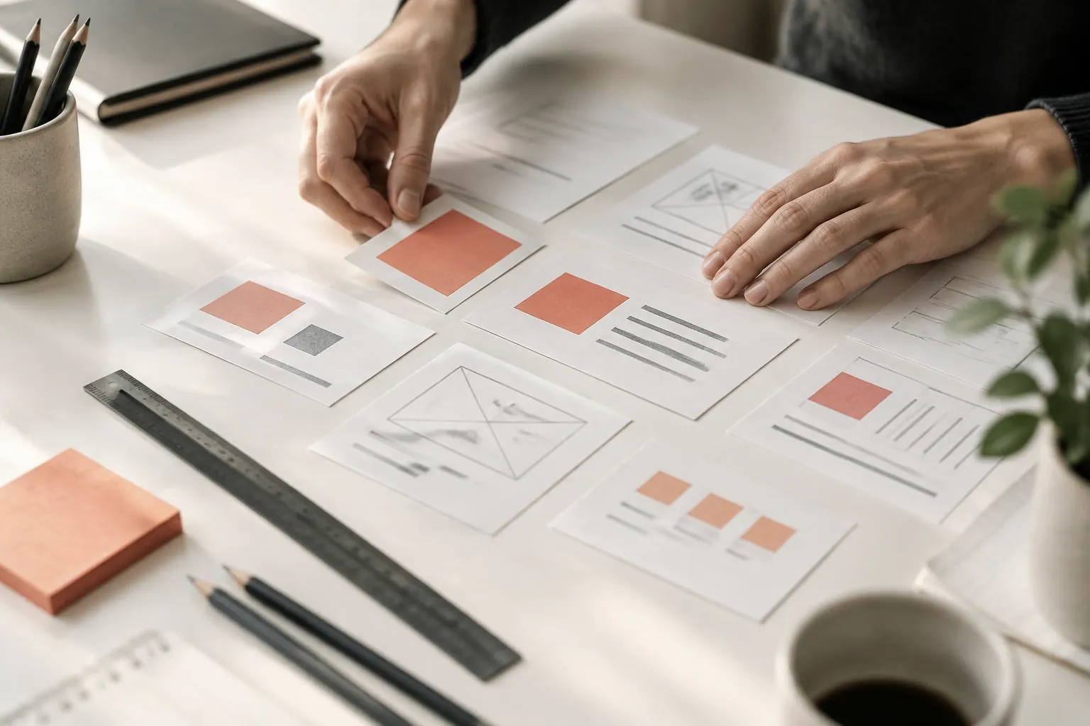 Hands arranging layout cards during a design session