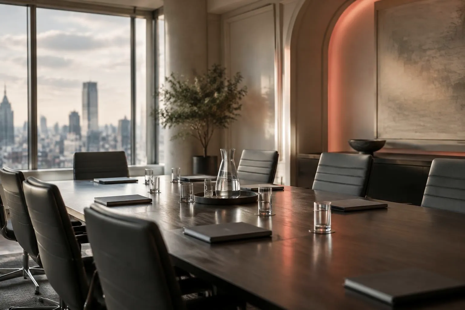 Quiet financial services boardroom in natural light