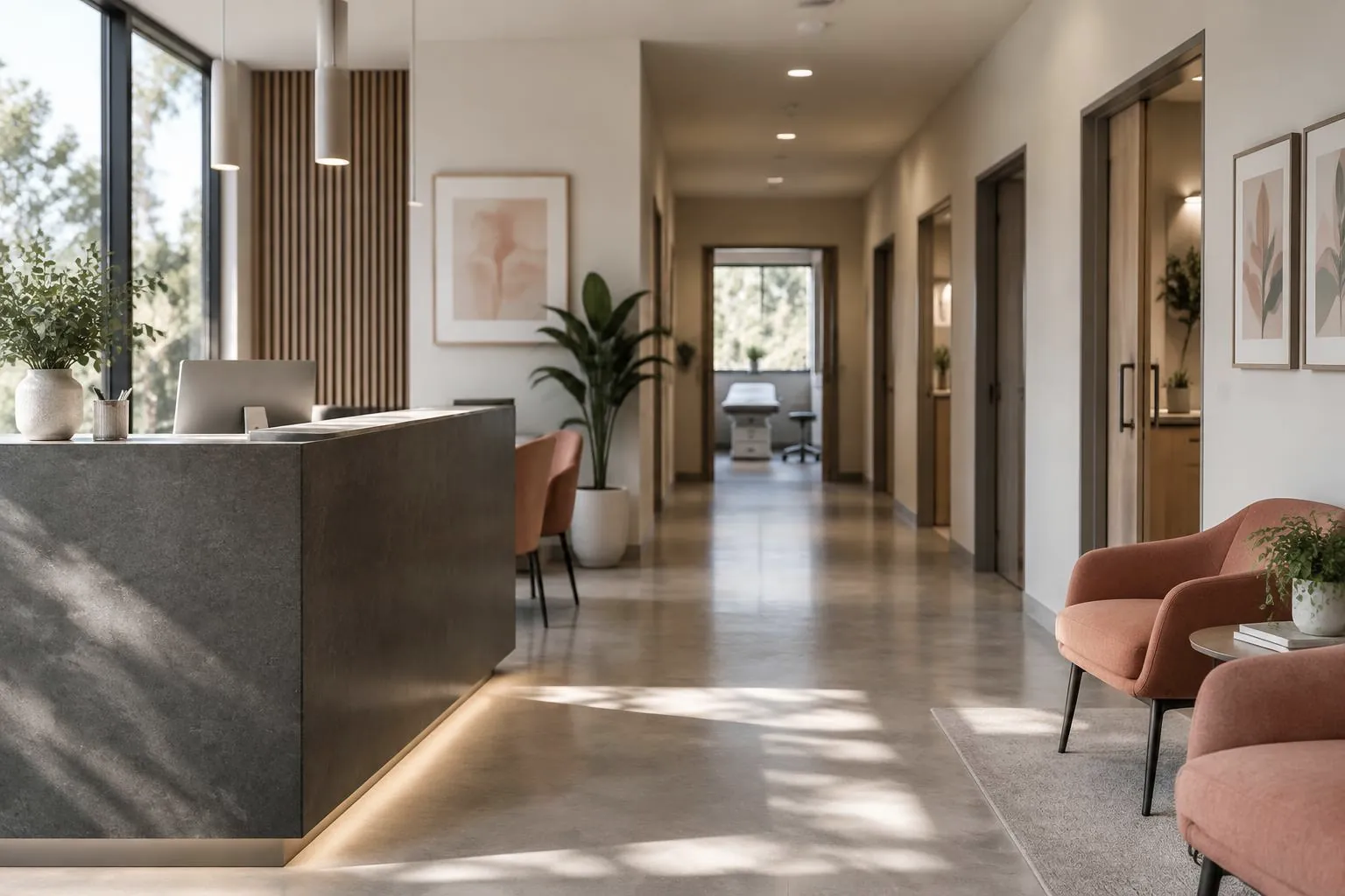 Contemporary clinic reception and treatment corridor