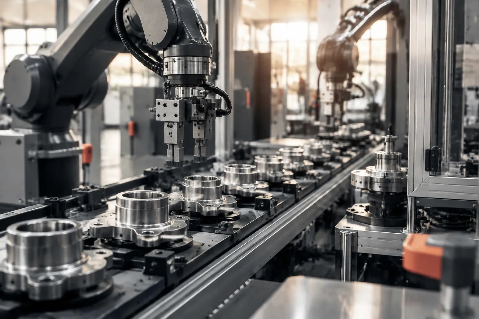 Precision components moving through a manufacturing line