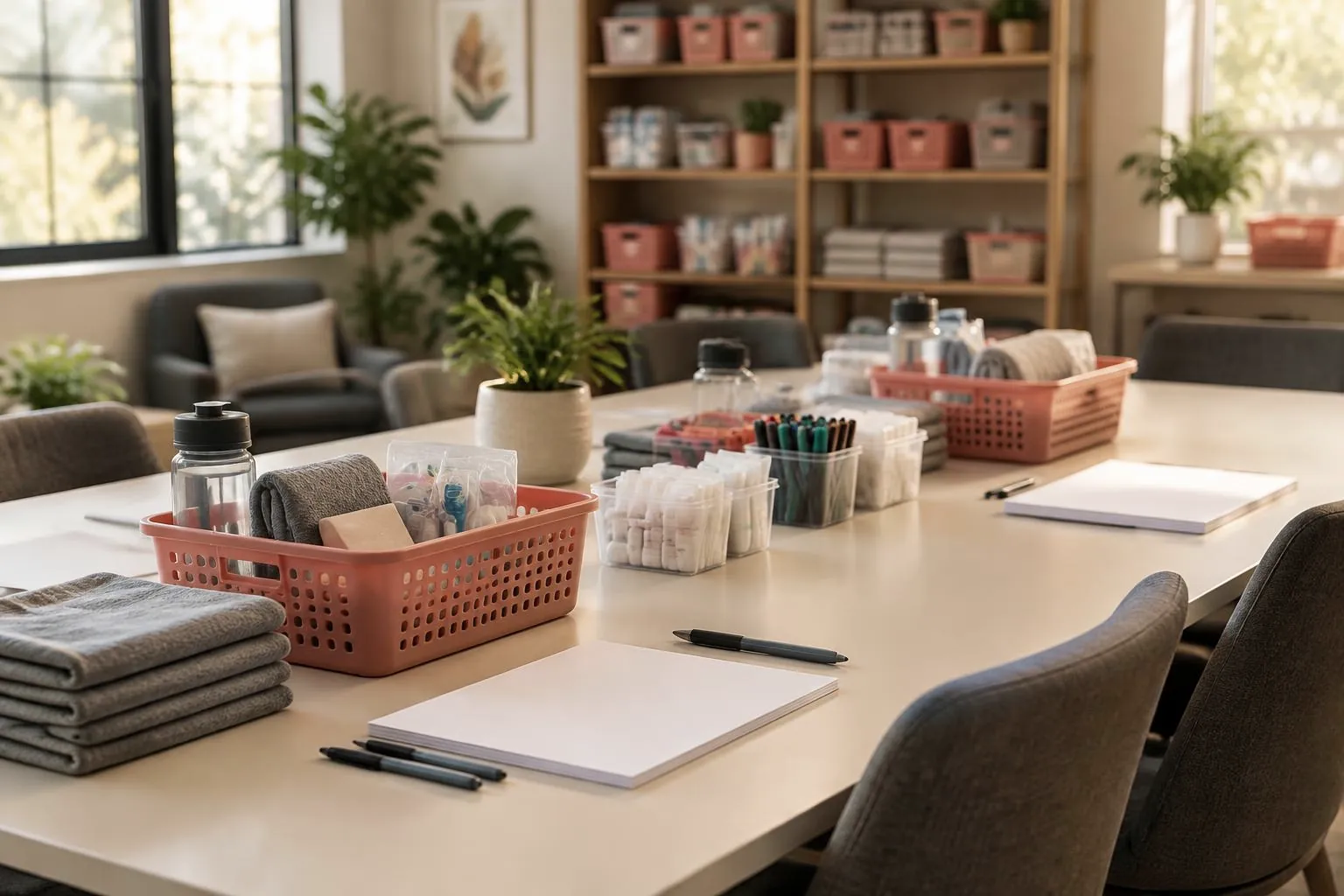 Community program workspace with organized volunteer supplies
