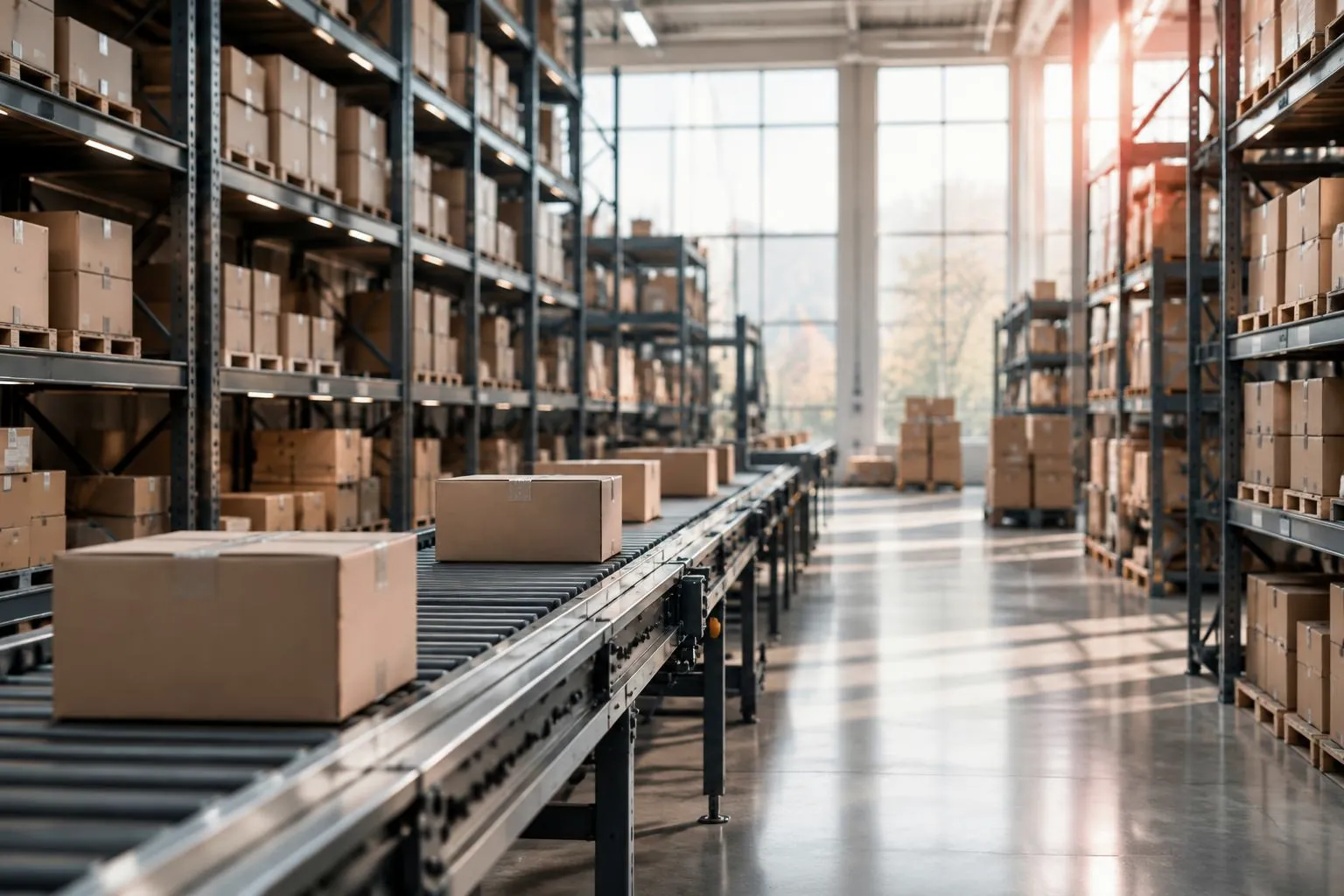 Order fulfillment conveyor beside organized warehouse storage