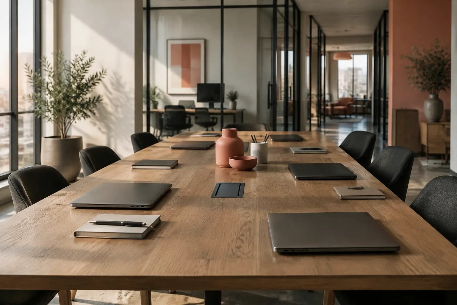 Modern collaboration workspace with graphite seating and soft window light